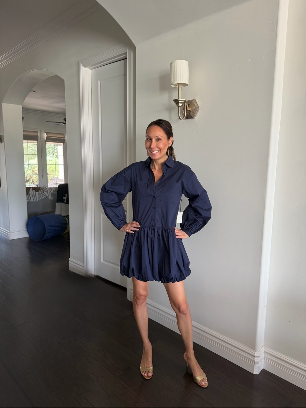 Women's Navy Balloon-Skirt Shirt Dress